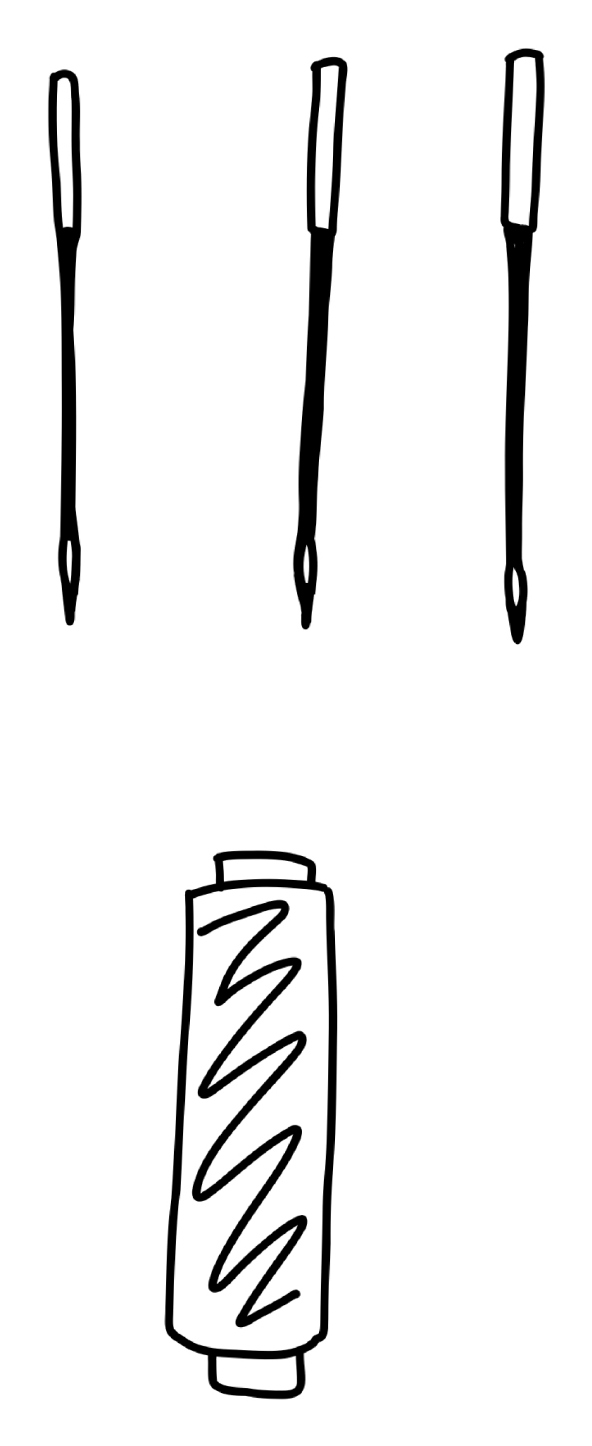 Hand-drawn illustration of machine needles and a reel of thread