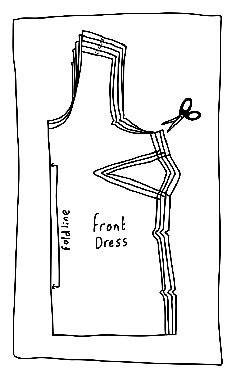 Hand-drawn illustration of a front dress pattern with size lines