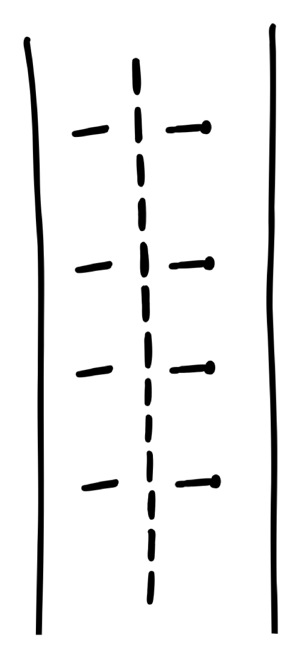 Hand-drawn illustration of pins inserted horizontally across a stitch line
