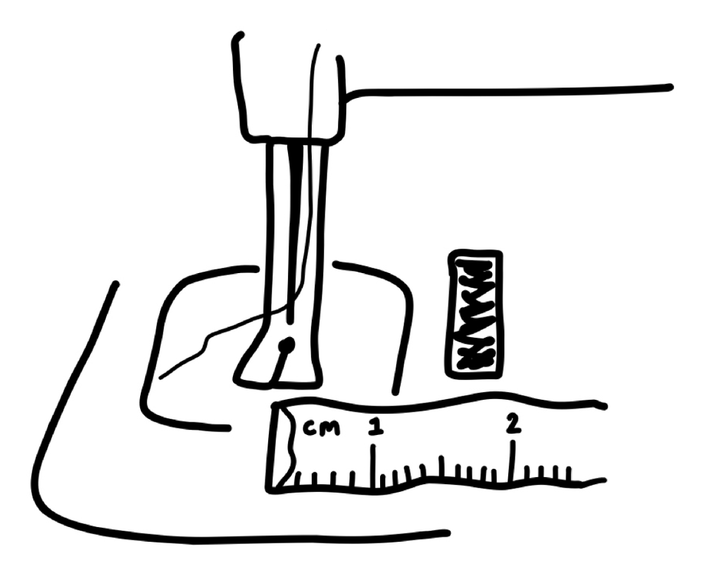 Hand-drawn illustration of measuring a 1.5cm seam guide from the needle