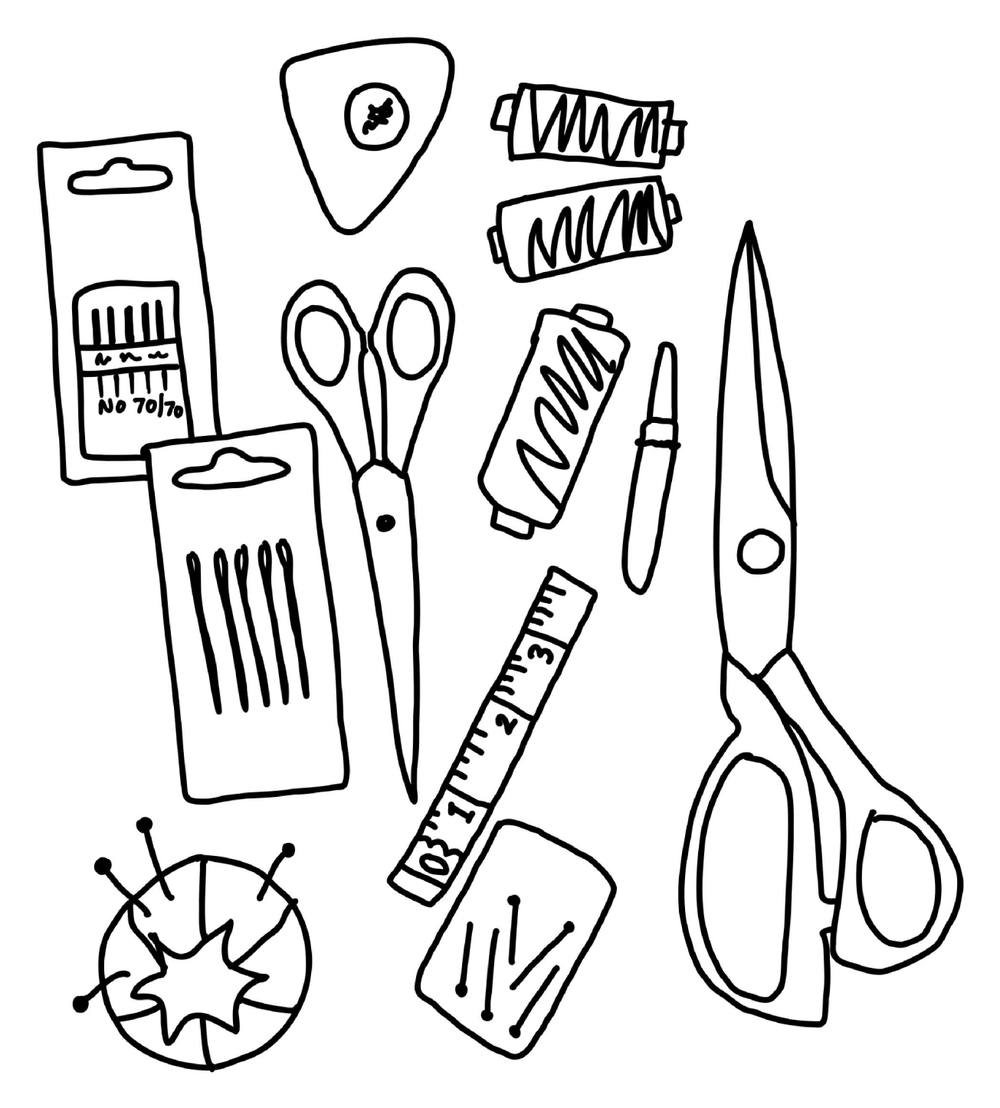 Hand-drawn illustration of the sewing kit essentials