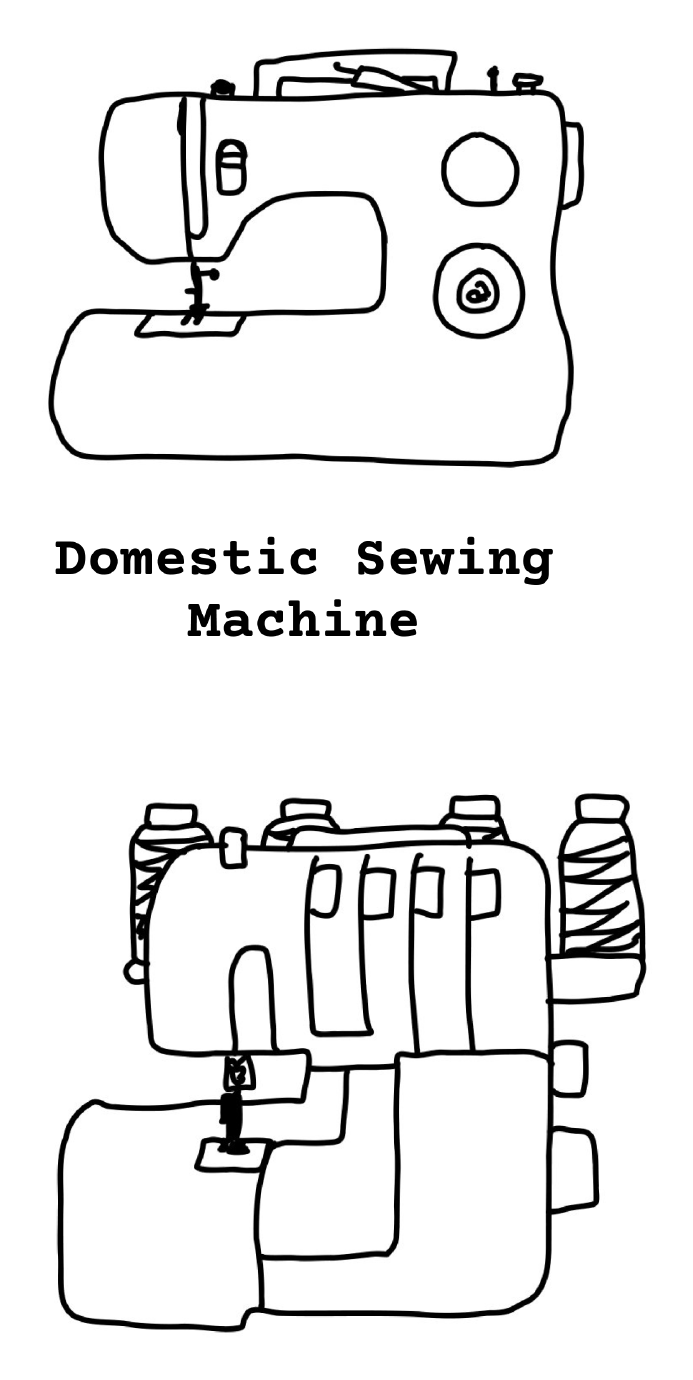 Hand-drawn illustration of a domestic sewing machine and an over-locker